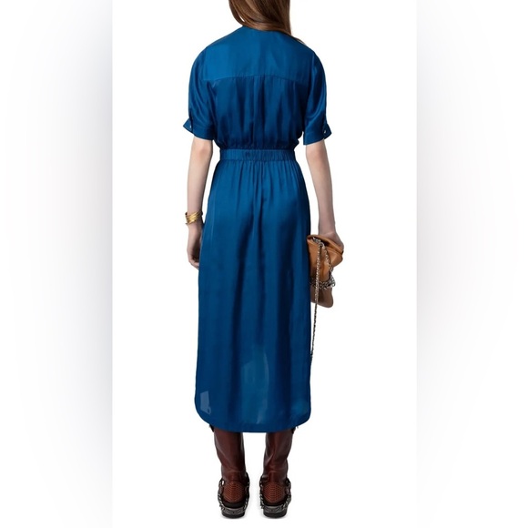 ZADIG & VOLTAIRE NWT Blue Rima Satin Midi Dress - Overseas Star Button Detail - Picture 4 of 15